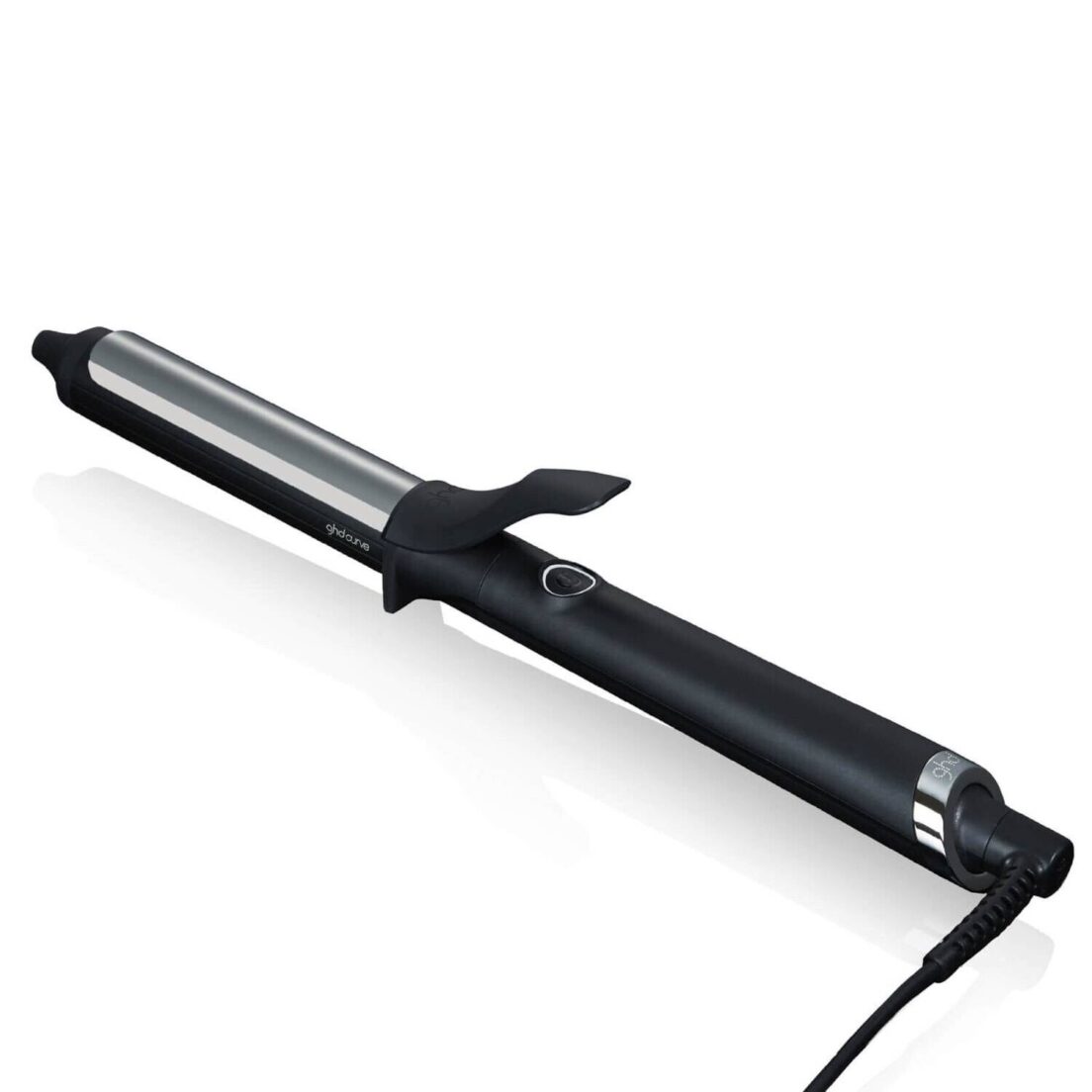 A black ghd Curve® Classic Curl Tong with a shiny ceramic plate, featuring a digital temperature display and a swivel cord. The device includes a protective tip and a power button located on the handle.