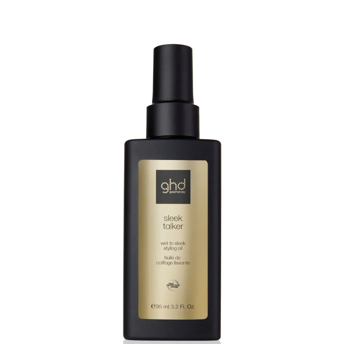 A black bottle with a gold label featuring "Sleek Talker Hair Styling Oil" contains 95 ml (3.2 fl oz) of Sleek Talker Hair Styling Oil. The design is simple and elegant.